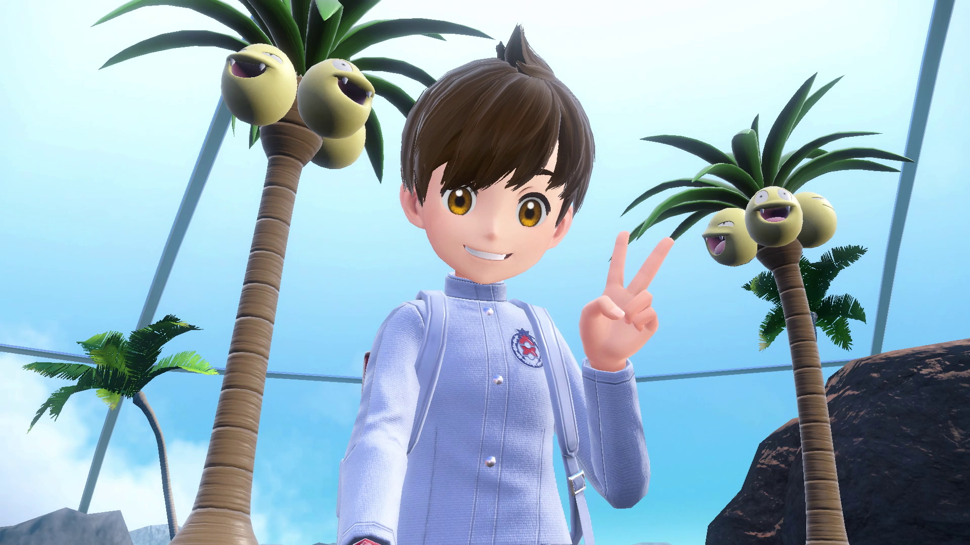 Der Spielercharakter macht ein Selfie mit zwei Alola-Kokowei Der Spielercharakter macht ein Selfie mit zwei Alola-Kokowei