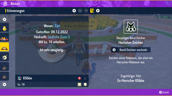 Beispiel von Zeichen im Bericht in Pokémon Karmesin und Purpur