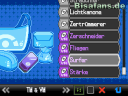 Über dein Rucksack-Menü kannst du die VM Surfer auswählen und einem Pokémon beibringen Über dein Rucksack-Menü kannst du die VM Surfer auswählen und einem Pokémon beibringen